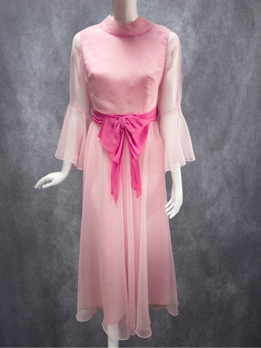 Vintage 60s Pink Chiffon Maxi Dress with Bell Sleeves and Sash, ILGWU, Size L